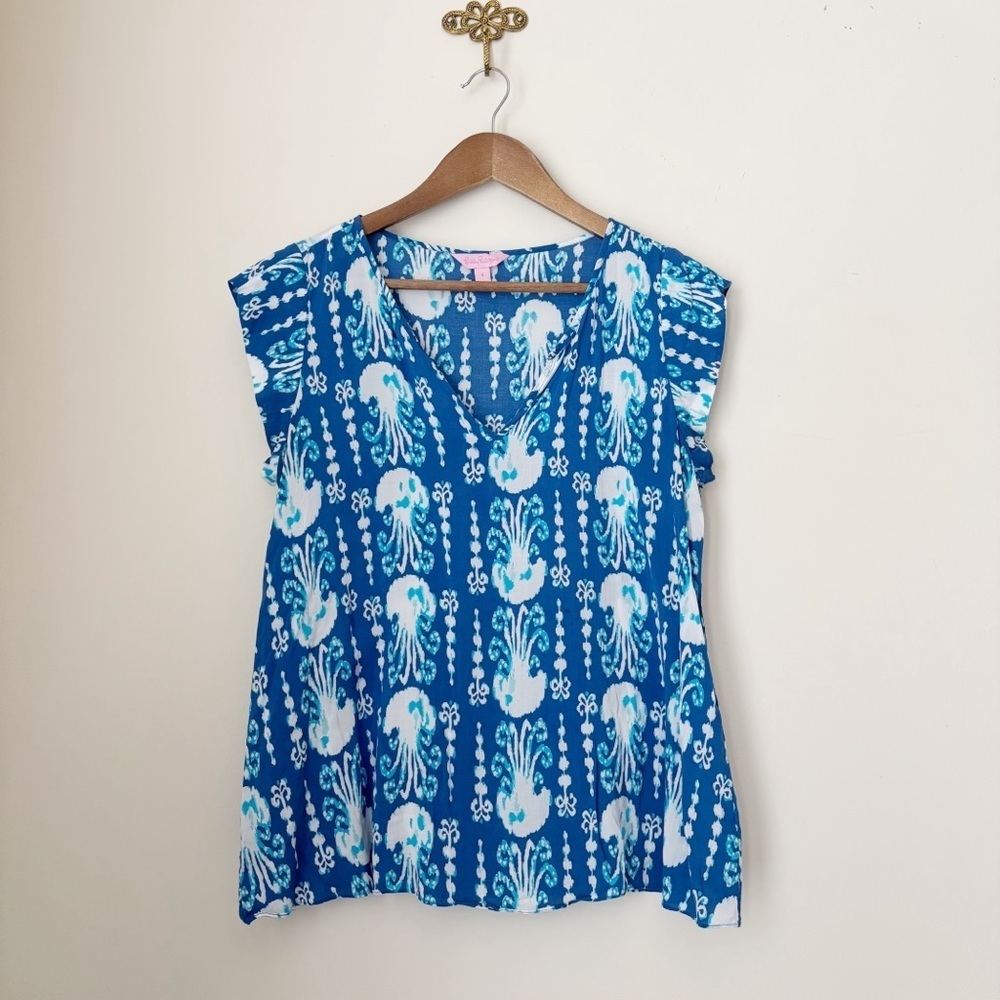 Lilly Pulitzer Blue Jellyfish Ikat Print Shelly Flutter Sleeve Top Small Coastal